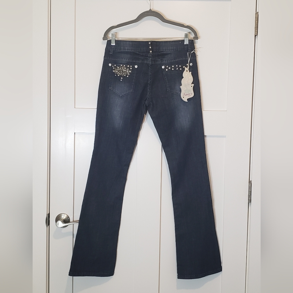 LIUCE'S Jeans Boot Cut Midrise Stretch Darkwash Whiskering Fading New Sz 11 JRS